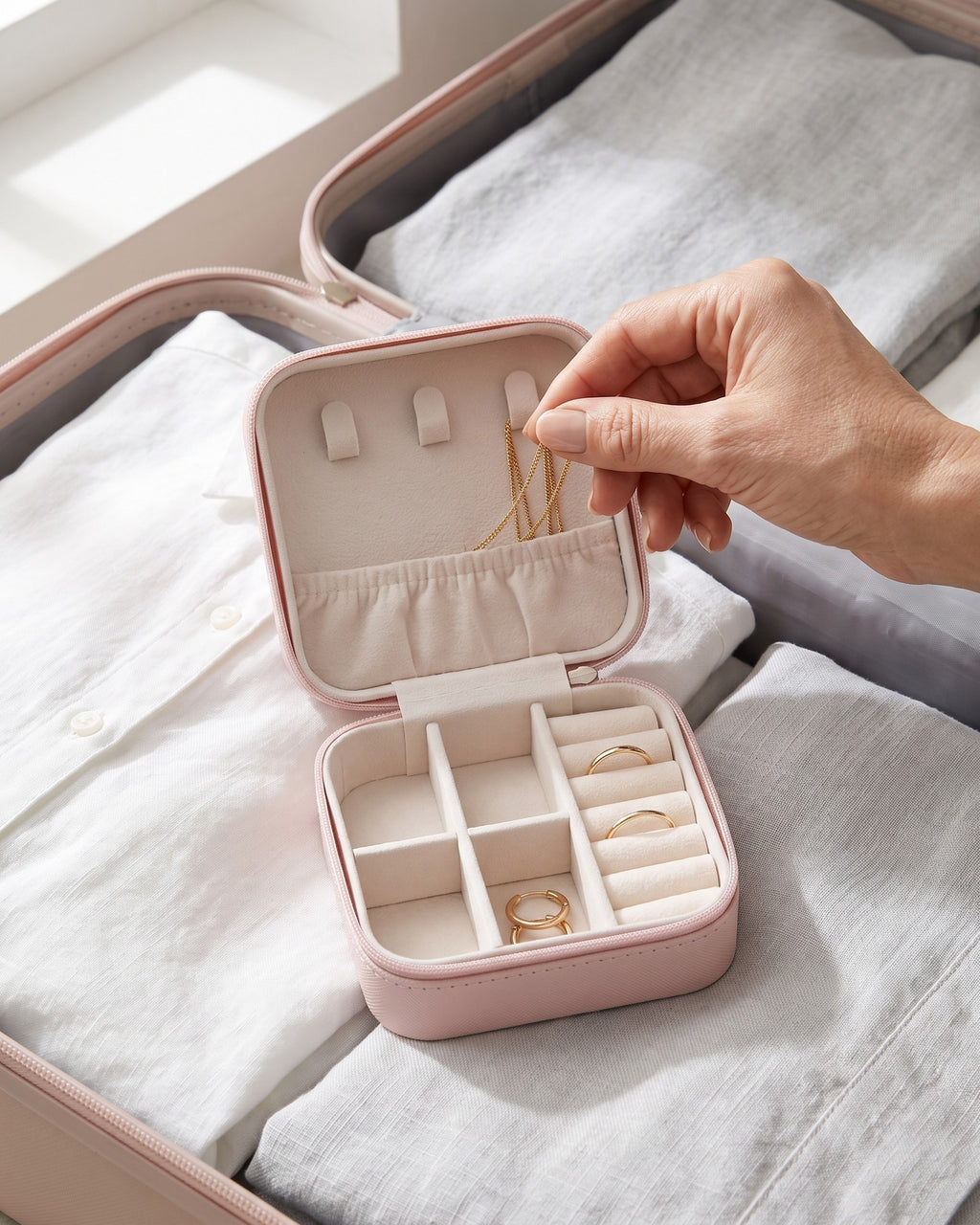 Écrin Havre Aurore ouvert dans une valise, entre des vêtements en lin pliés, une main y dépose une chaîne dorée