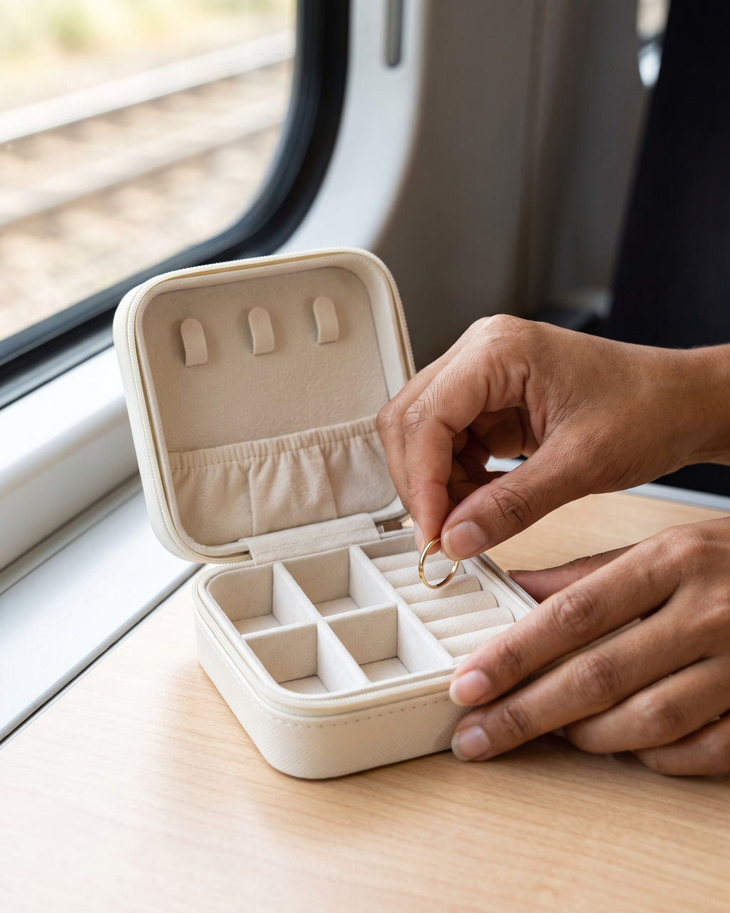 Main posant une bague dans l'écrin Havre Écume ouvert, sur la tablette d'un train