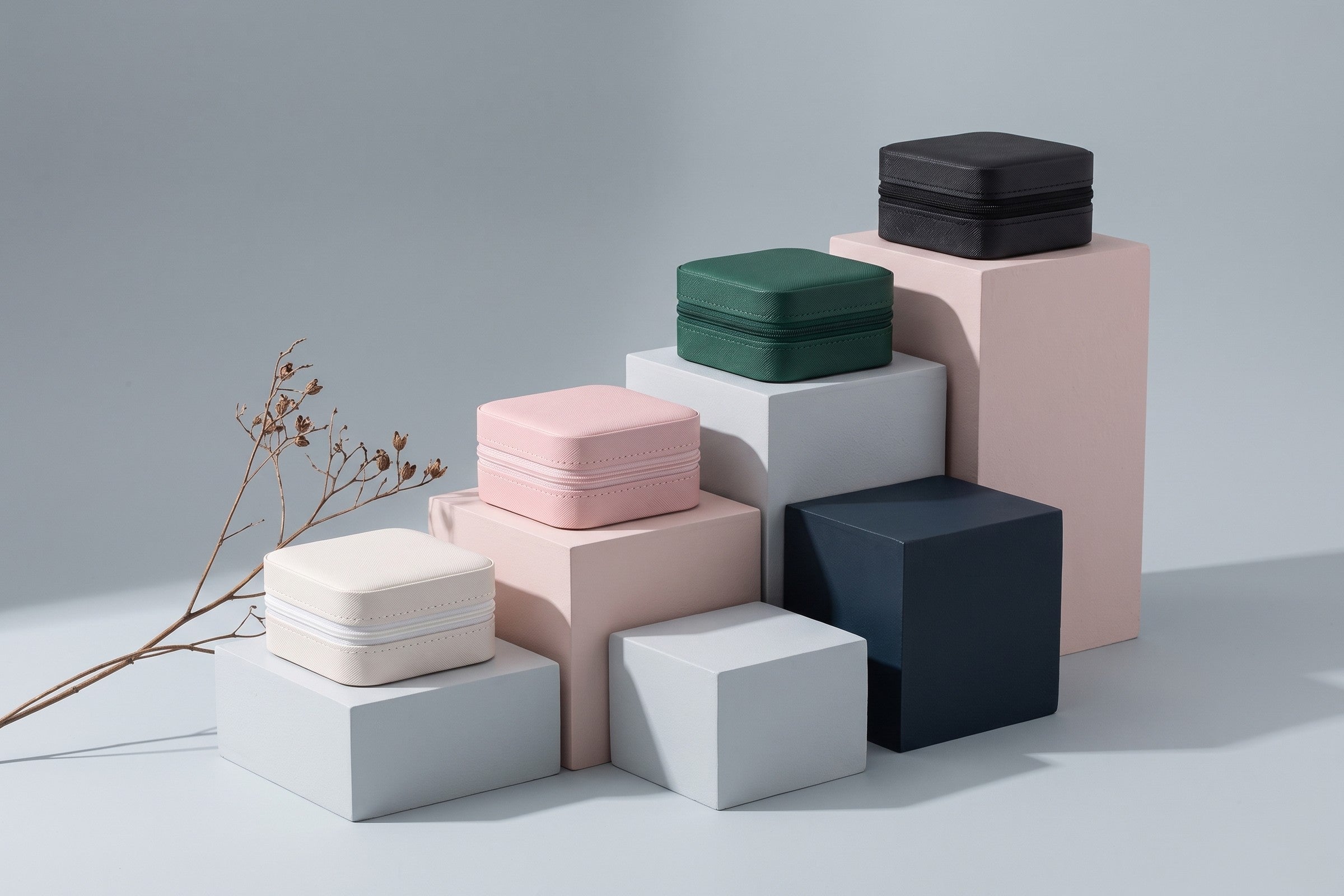 Les quatre coloris de l'écrin Havre, Aurore, Écume, Futaie et Nocturne, fermés et posés sur des blocs étagés